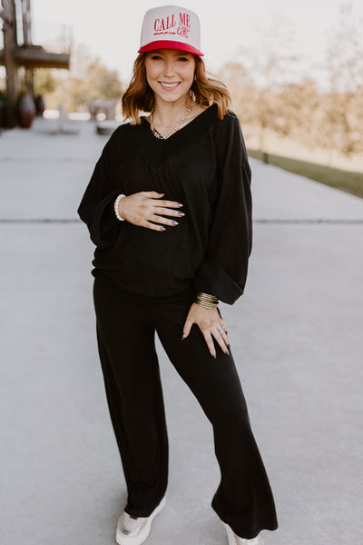 Black V-Neck Brushed Pullover and Pant Set