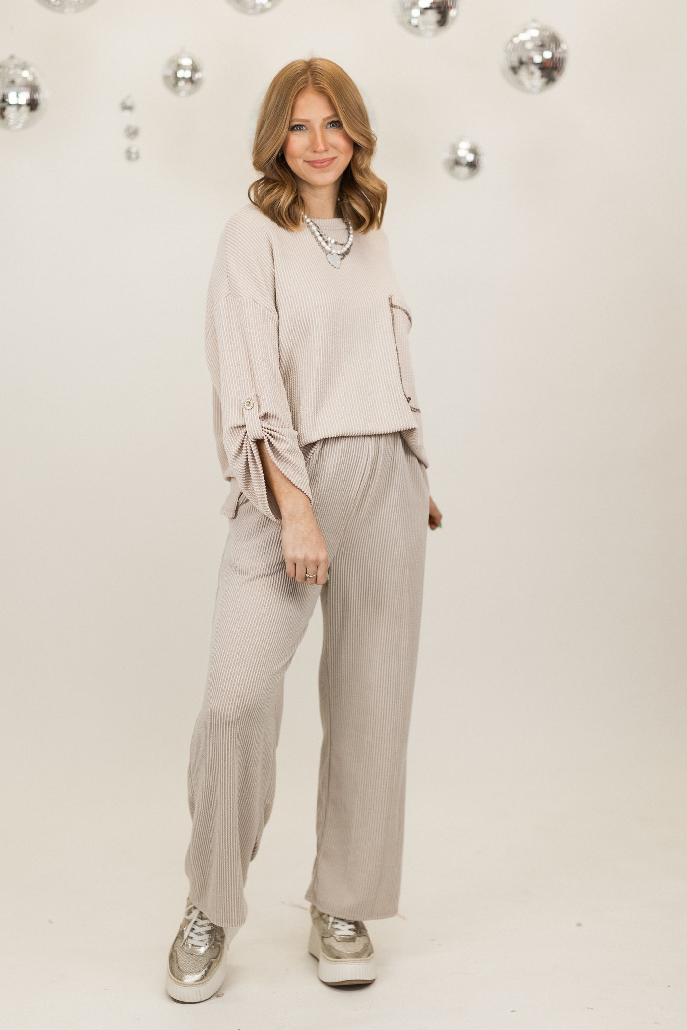 Taupe Oversized Long Sleeve Top and Wide Leg Pant Set