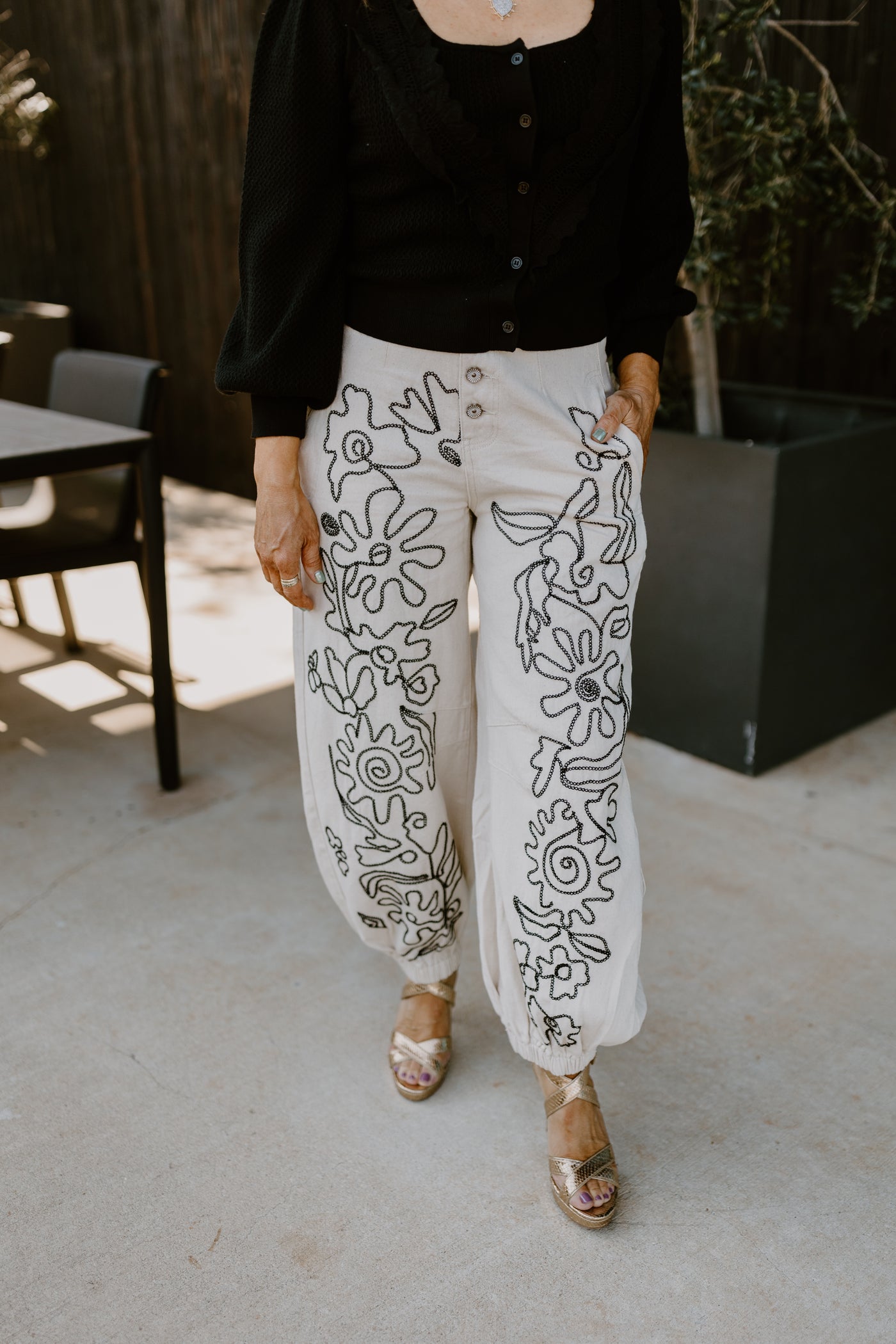 Oatmilk Floral Embroidered Oversized Pants