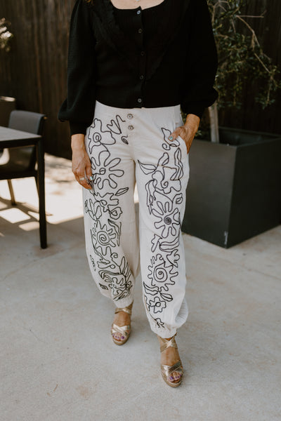 Oatmilk Floral Embroidered Oversized Pants