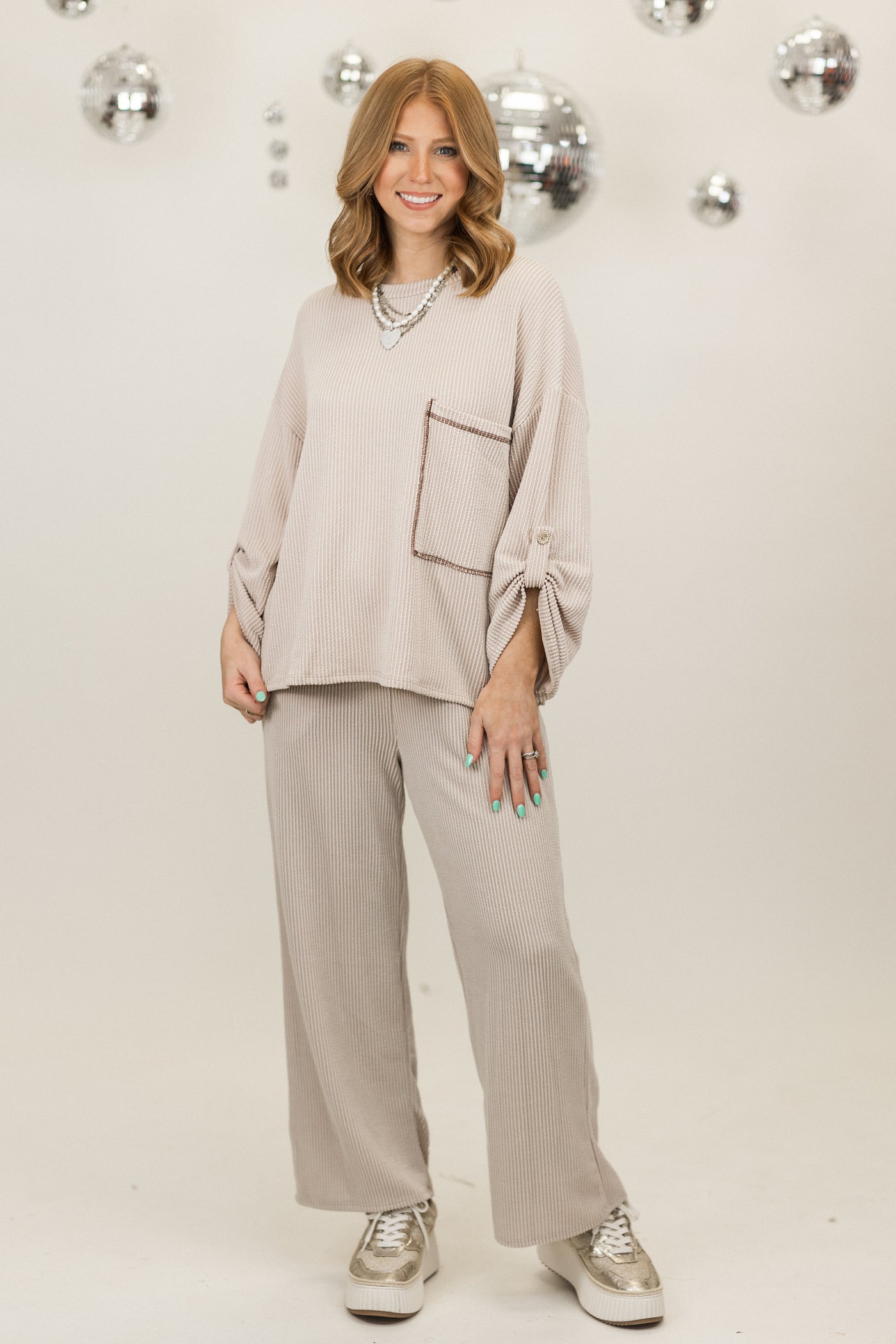 Taupe Oversized Long Sleeve Top and Wide Leg Pant Set