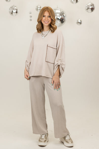 Taupe Oversized Long Sleeve Top and Wide Leg Pant Set