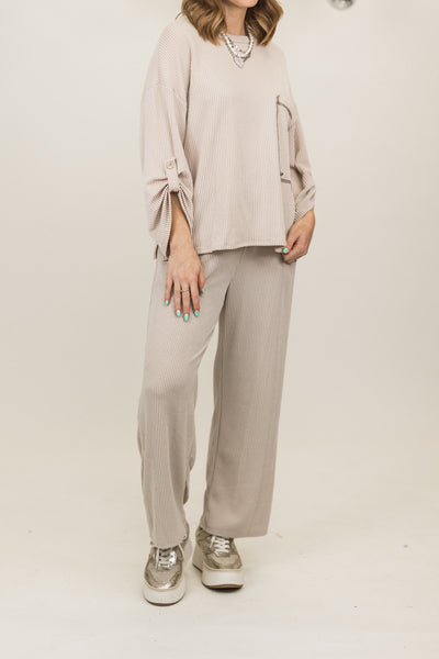 Taupe Oversized Long Sleeve Top and Wide Leg Pant Set