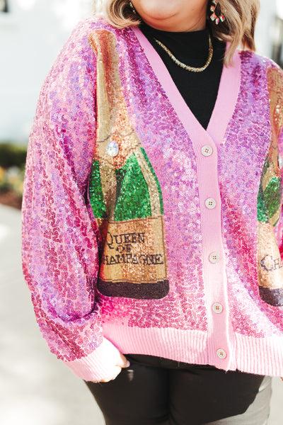 Queen Of Sparkles Pink Sequin Champagne Queen Sweater Cardigan