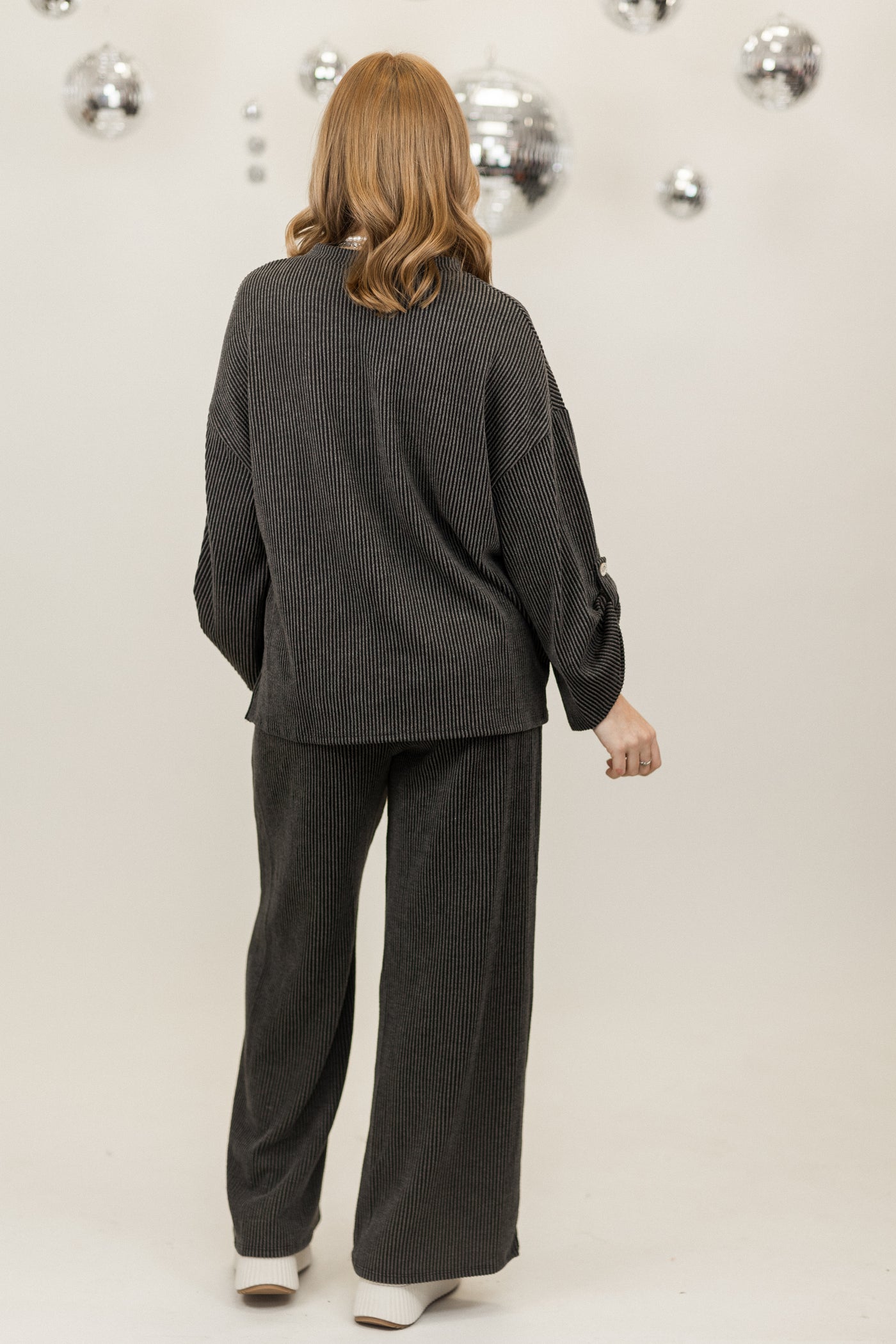 Black Ribbed Comfy Long Sleeve Top and Pant Set