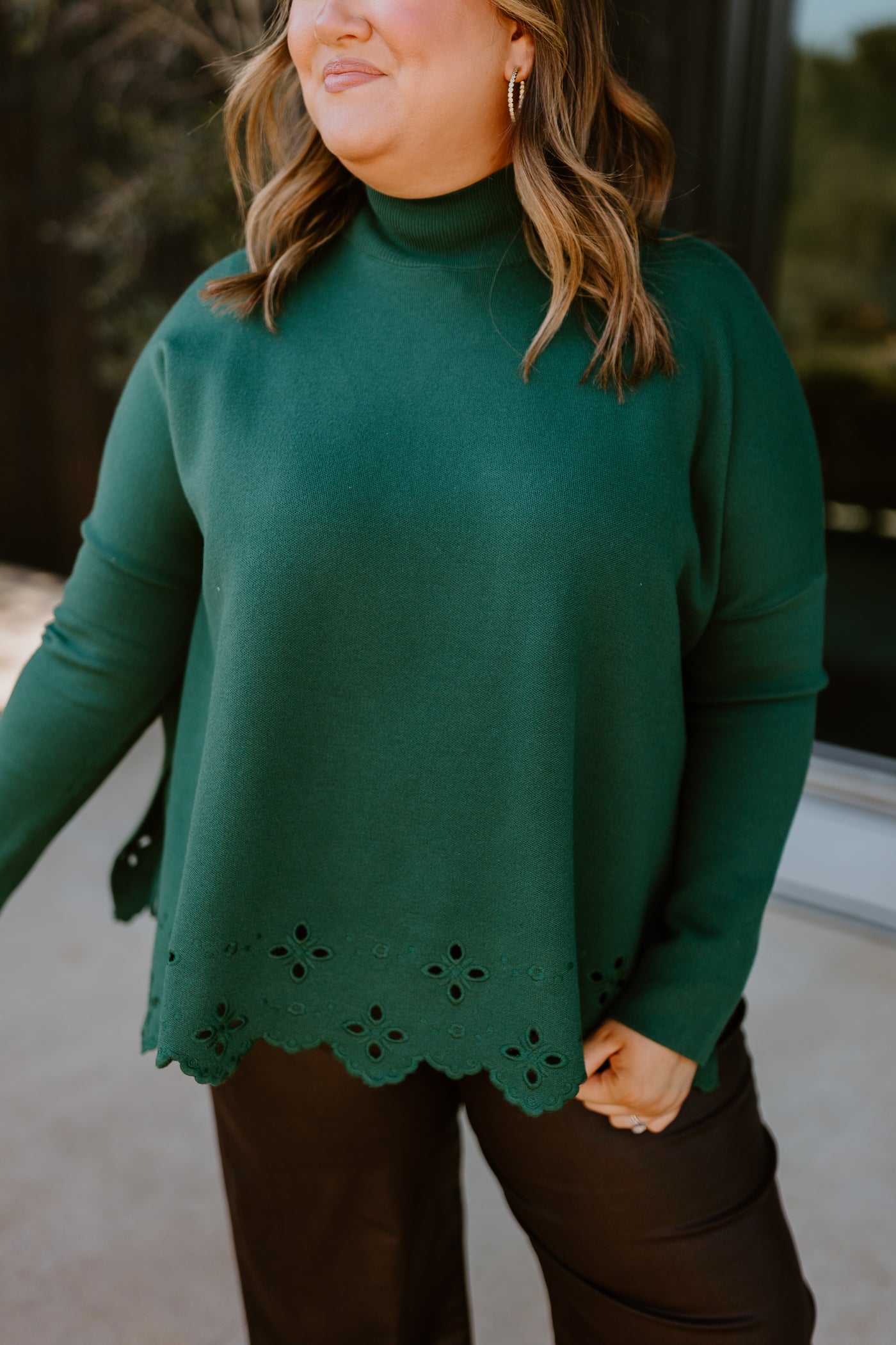 Hunter Green Mock Neck Embroidered Detail Sweater