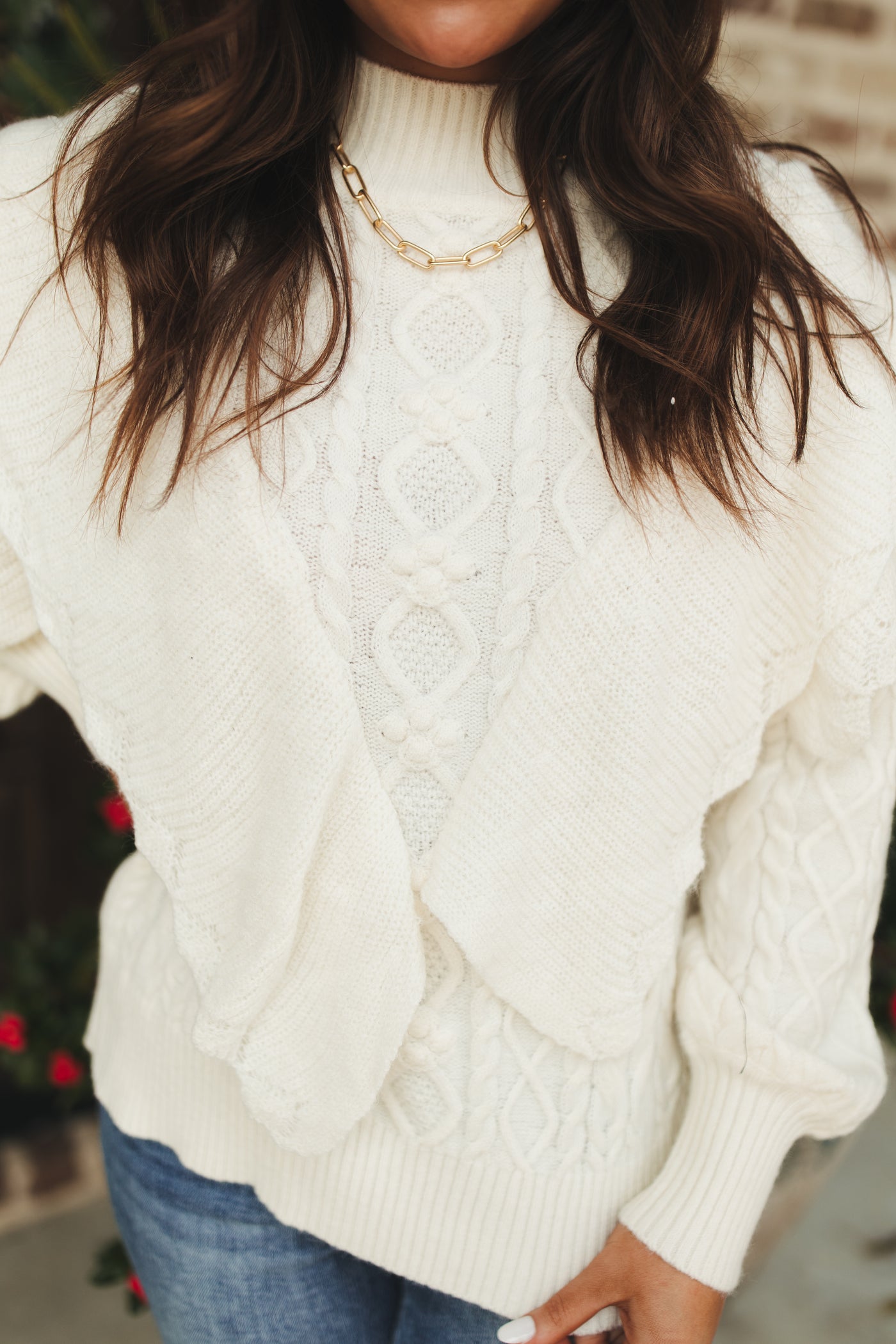 Ivory Ruffle Detail Cable Knit Sweater