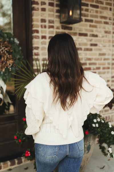 Ivory Ruffle Detail Cable Knit Sweater