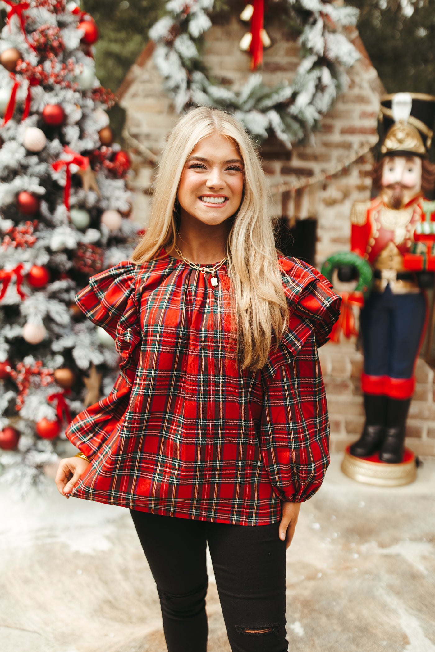 Red Plaid Ruffle Sleeve Blouse