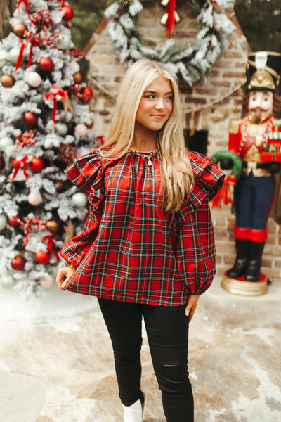 Red Plaid Ruffle Sleeve Blouse