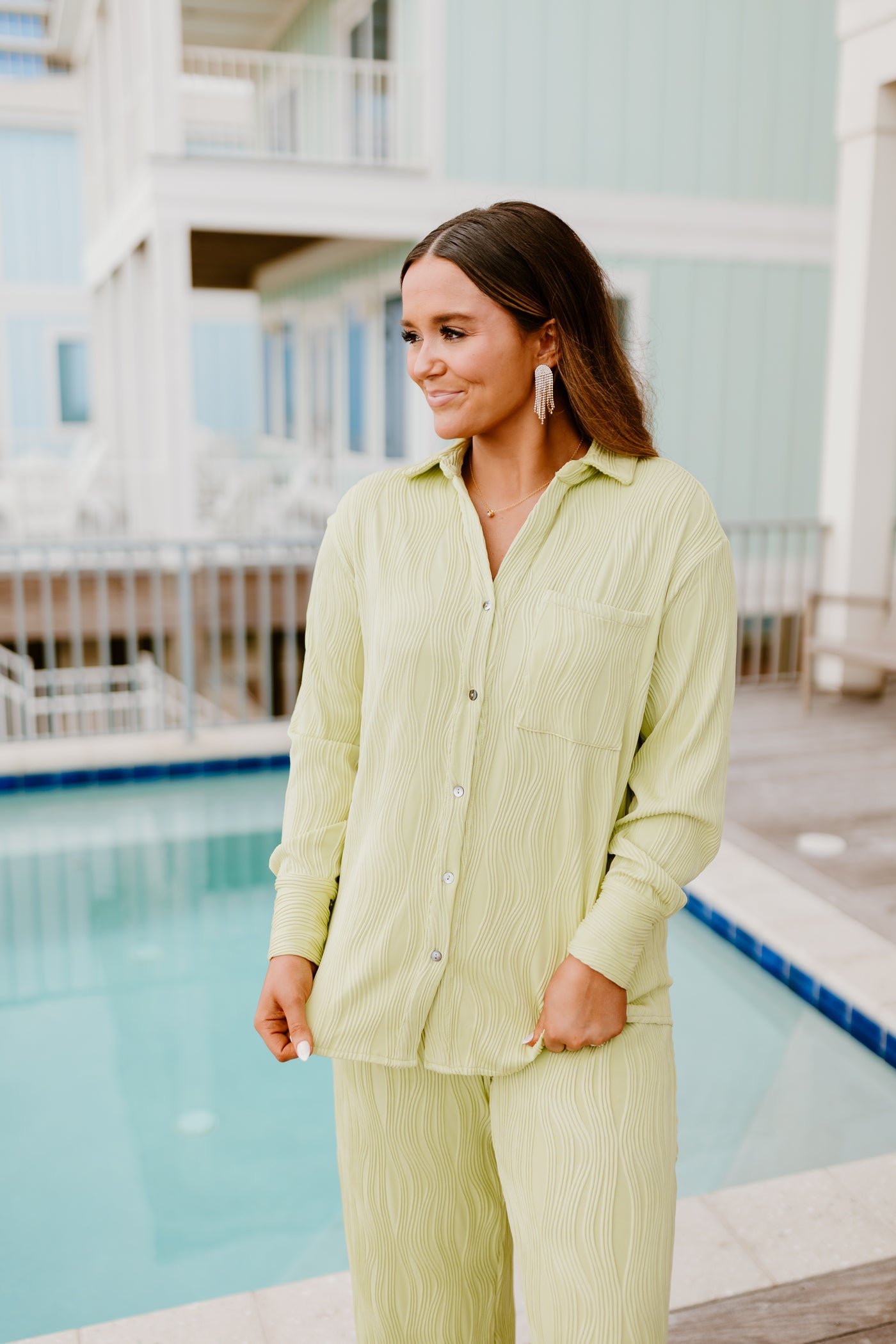 Lime Textured Long Sleeve Button Down Blouse