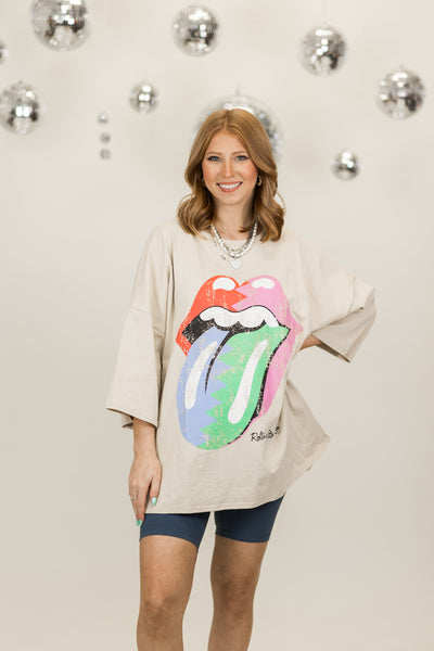 Beige Multi Tongue Rolling Stones Short Sleeve Graphic Tee