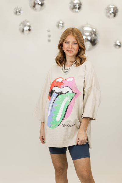 Beige Multi Tongue Rolling Stones Short Sleeve Graphic Tee