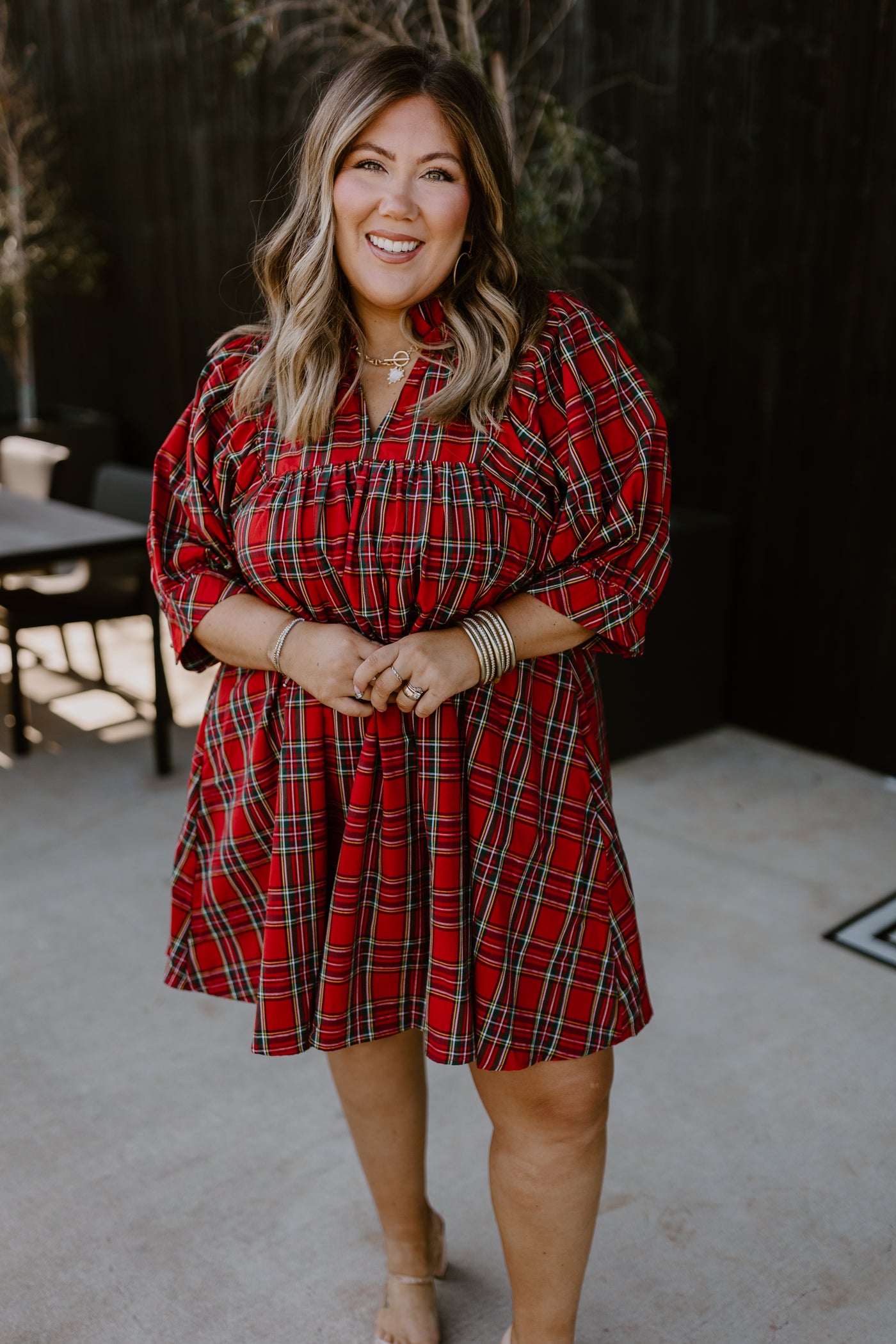 Red Plaid V-Neck Puff Sleeve Mini Dress