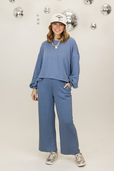 Cornflower Blue Oversized Ribbed Long Sleeve Top and Pant Set