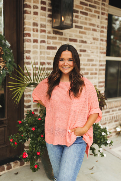 Coral Lightweight Knit Pocket Sweater