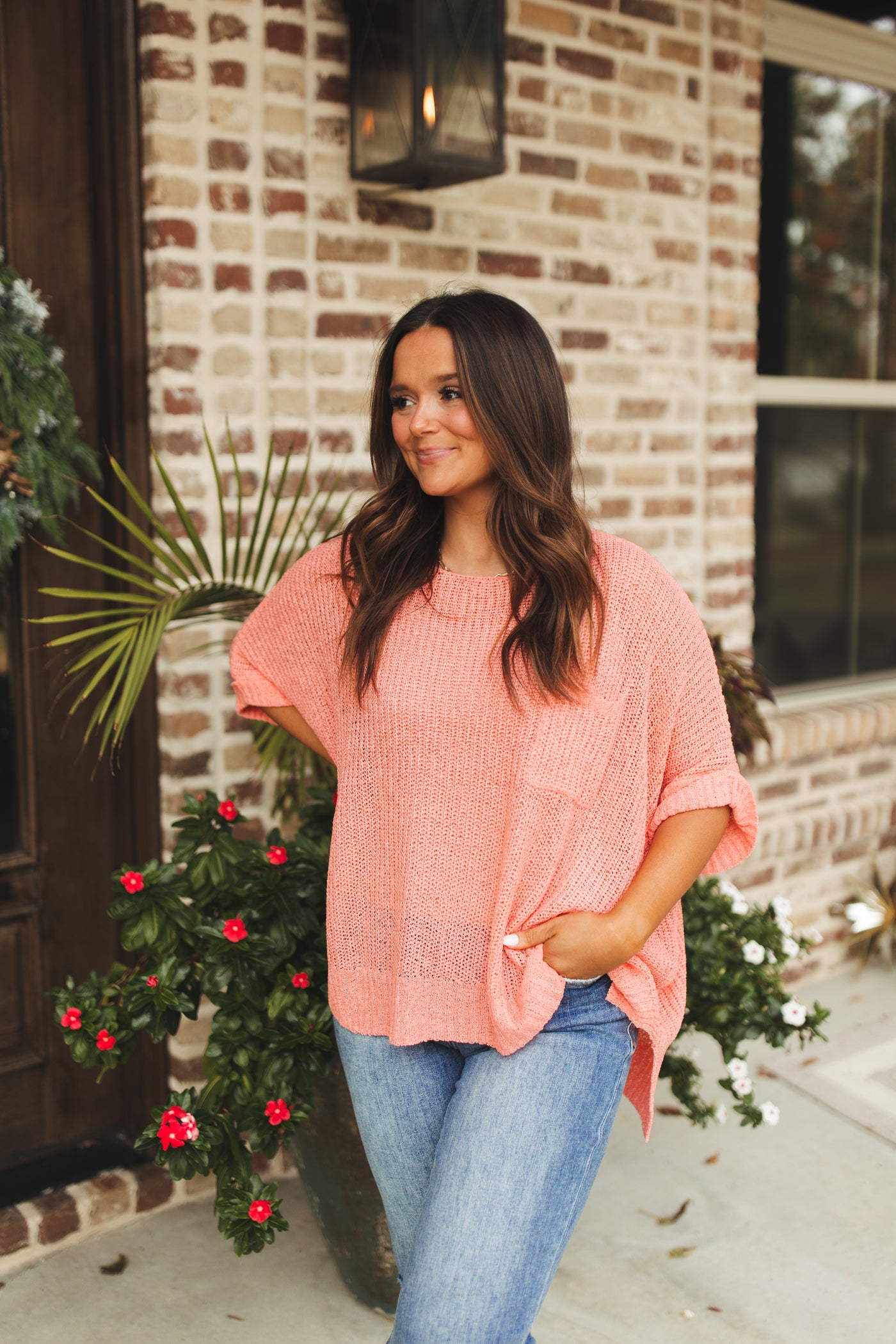 Coral Lightweight Knit Pocket Sweater