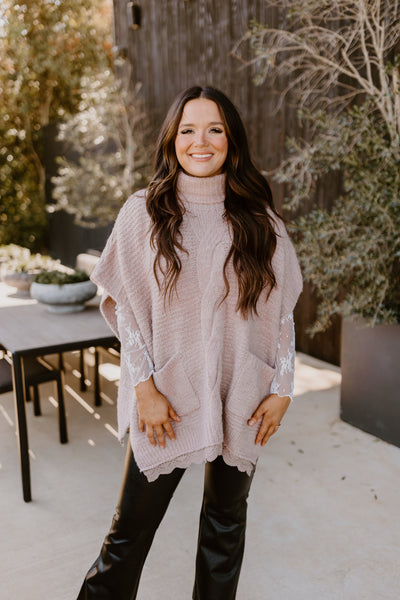 Mushroom Turtleneck Lace Detail Oversized Top