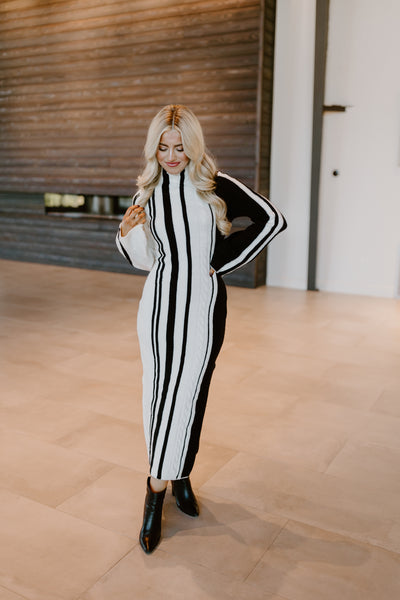 Off White and Black High Neck Long Sleeve Midi Sweater Dress