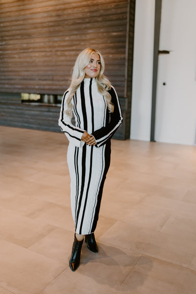 Off White and Black High Neck Long Sleeve Midi Sweater Dress