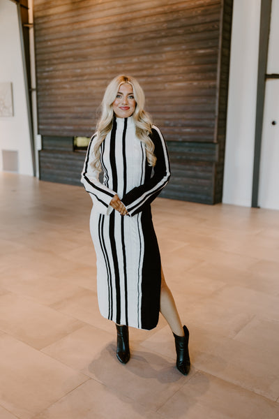 Off White and Black High Neck Long Sleeve Midi Sweater Dress