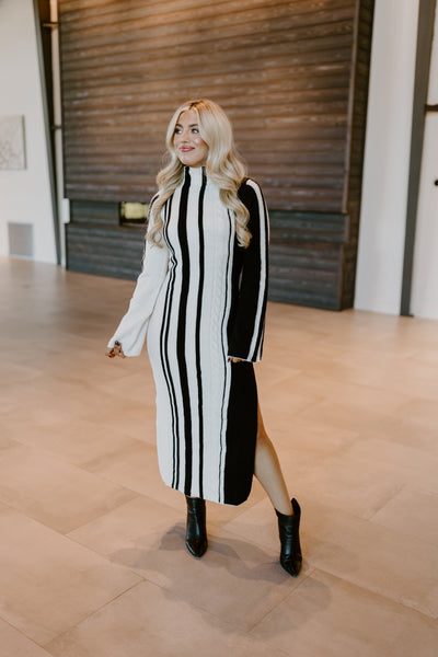 Off White and Black High Neck Long Sleeve Midi Sweater Dress