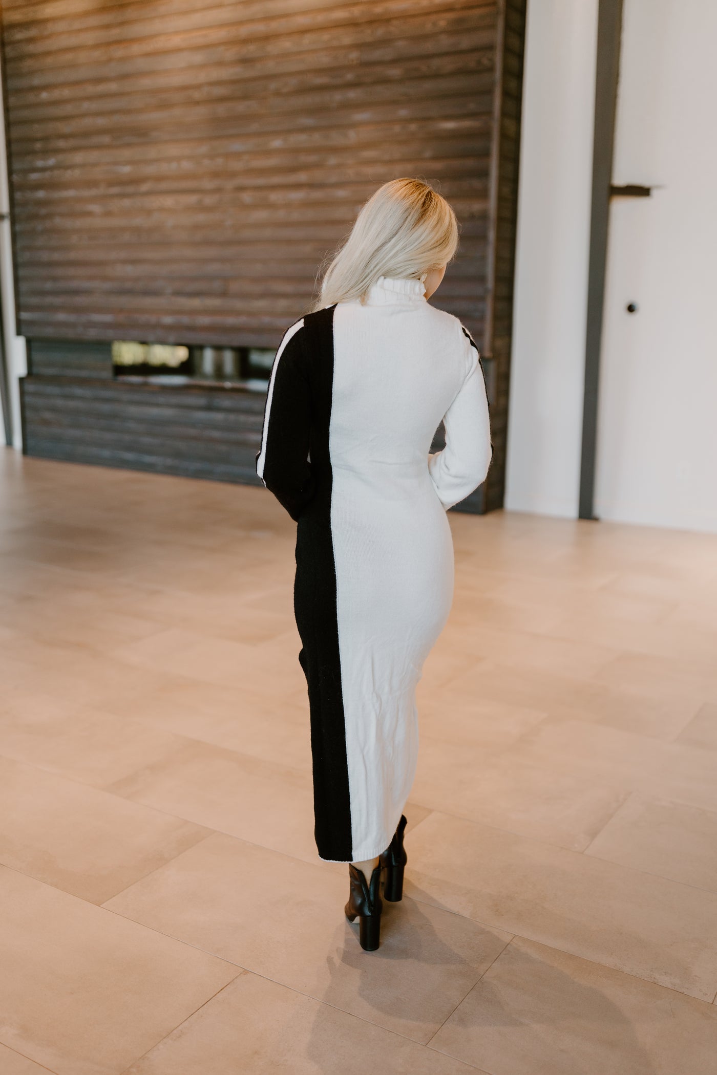 Off White and Black High Neck Long Sleeve Midi Sweater Dress