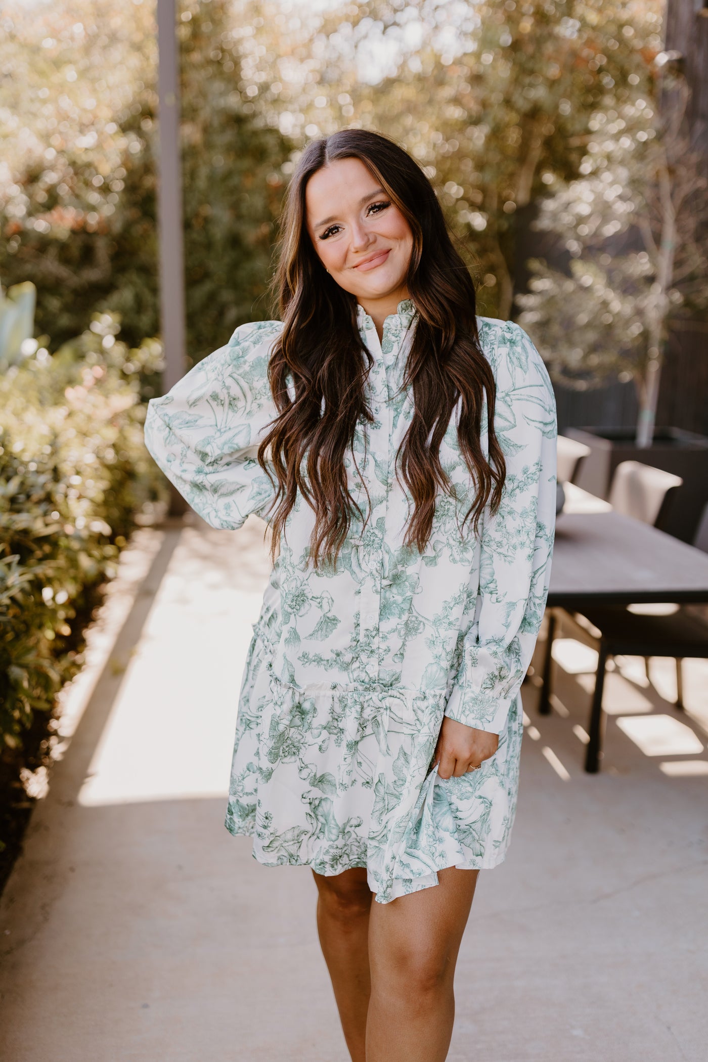 Deep Green Floral Long Sleeve Drop Waist Button Mini Dress