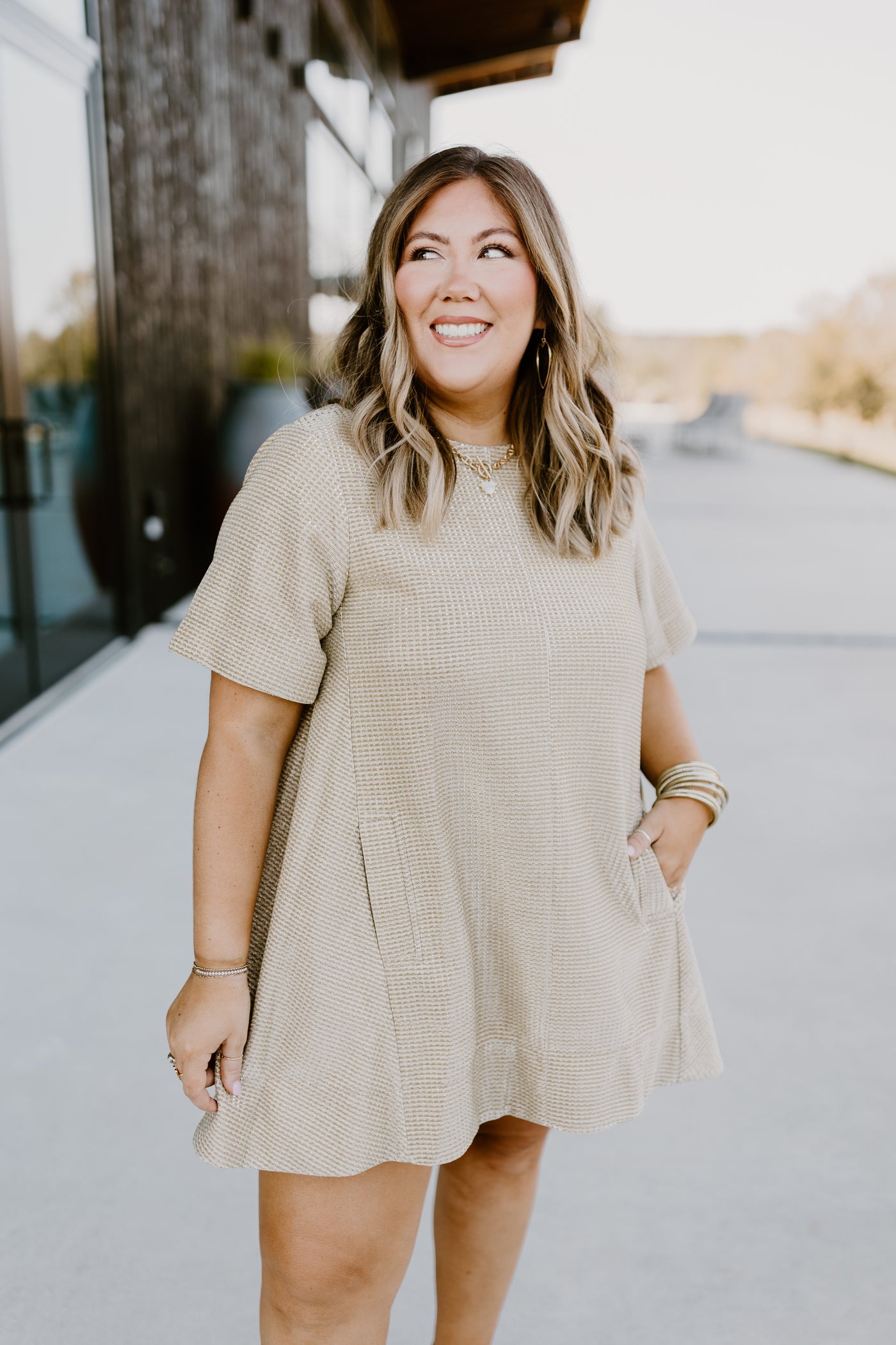 Gold Short Sleeve Pocket Mini Dress