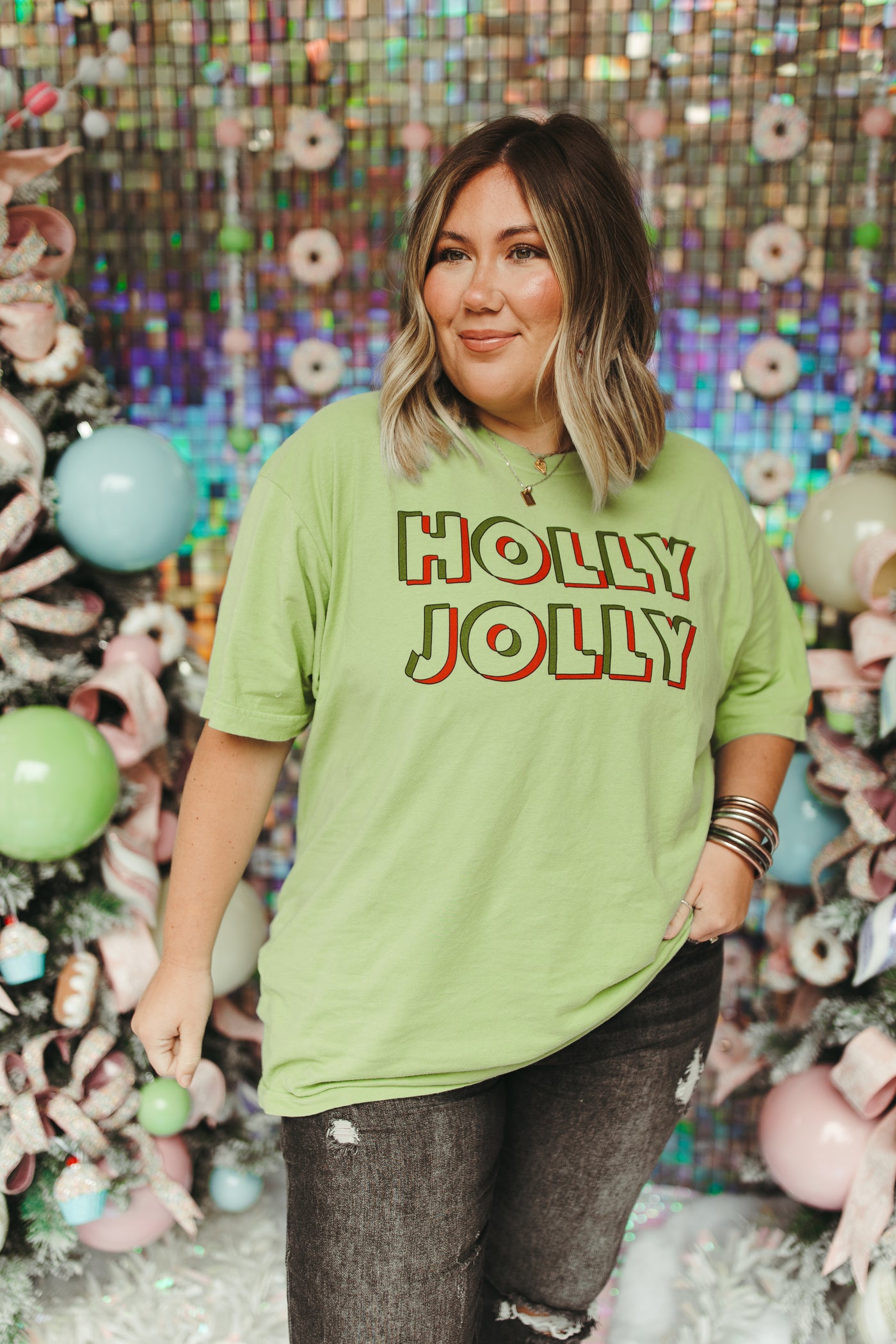 Green Christmas Colorblock Holly Jolly Graphic Tee