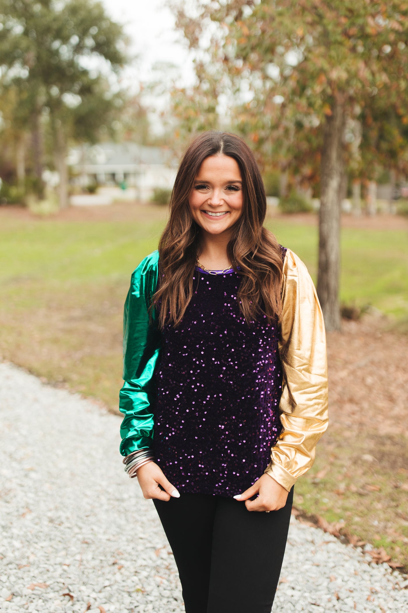 Purple Sequin Green and Gold Metallic Sleeve Blouse