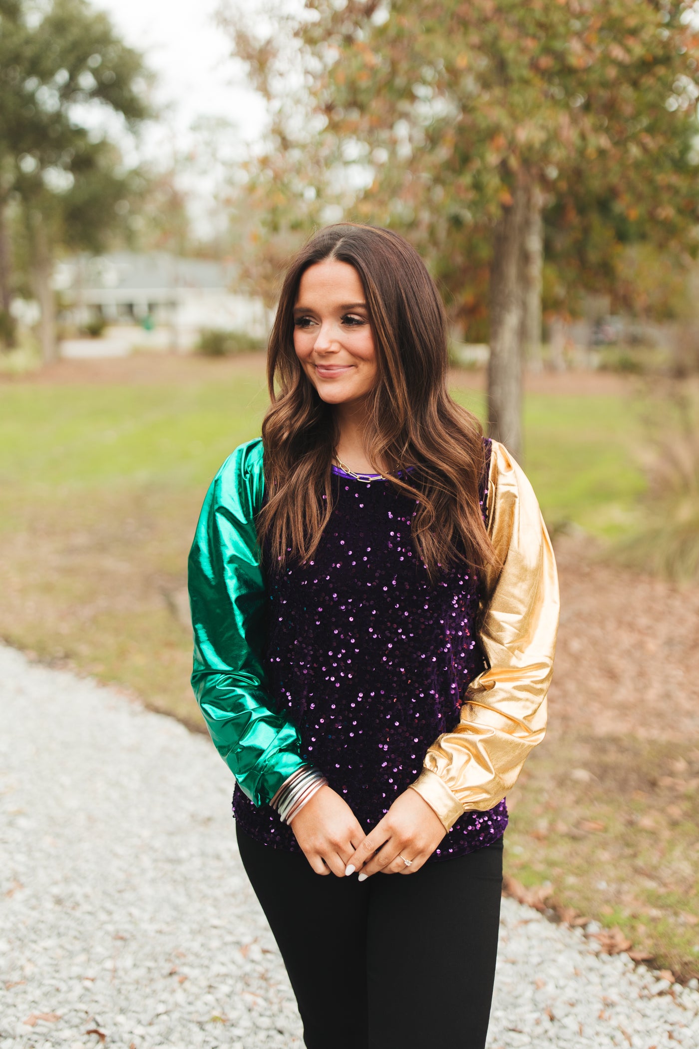 Purple Sequin Green and Gold Metallic Sleeve Blouse