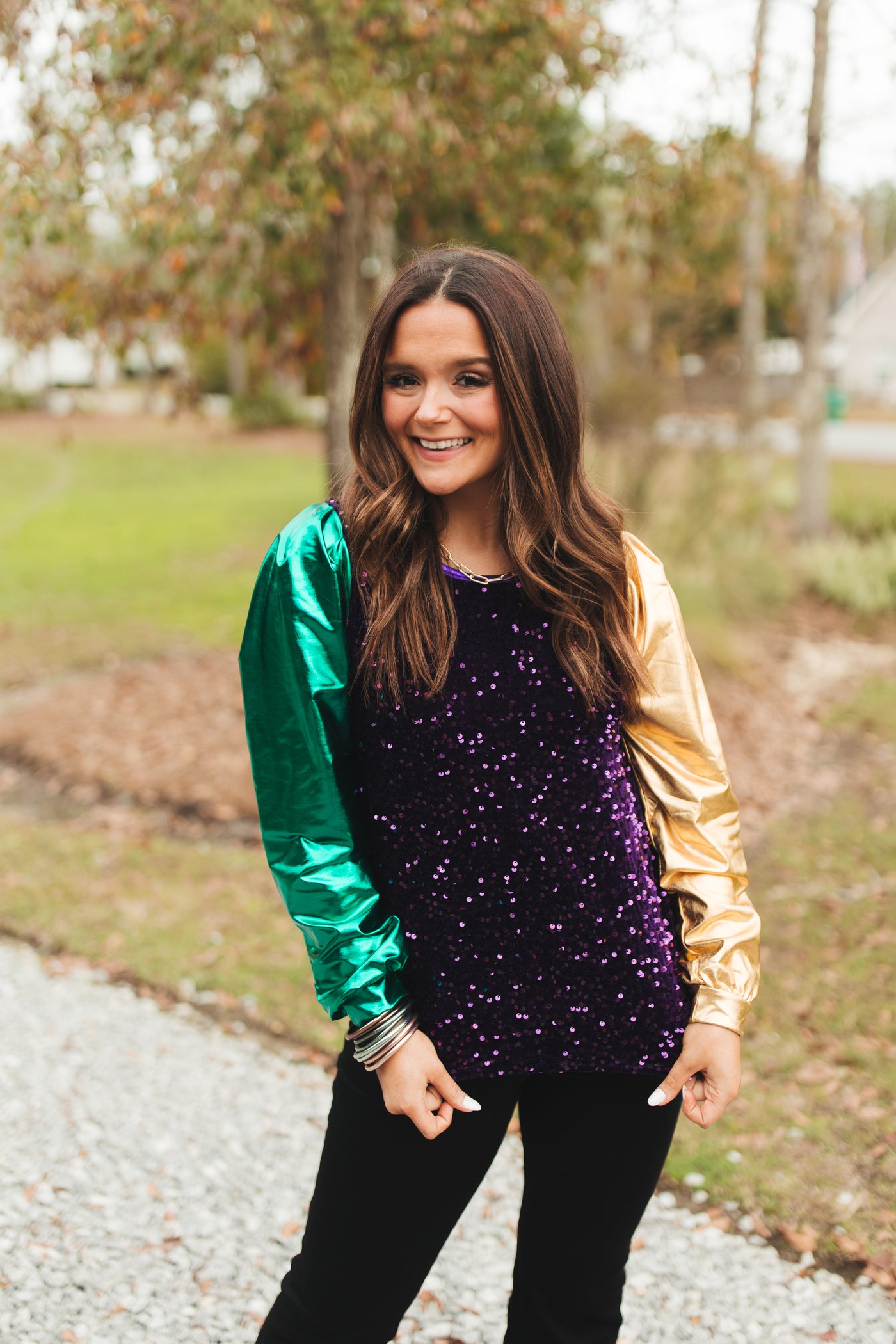 Purple Sequin Green and Gold Metallic Sleeve Blouse