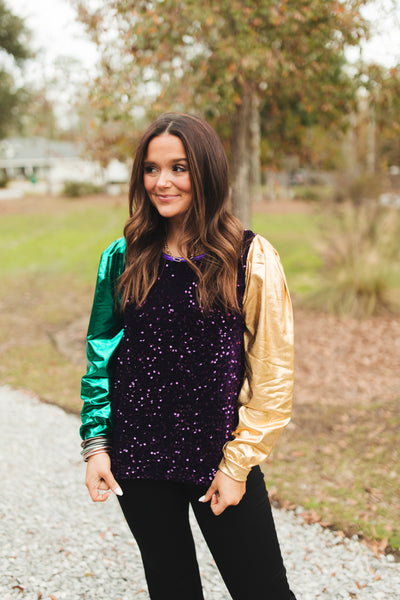 Purple Sequin Green and Gold Metallic Sleeve Blouse