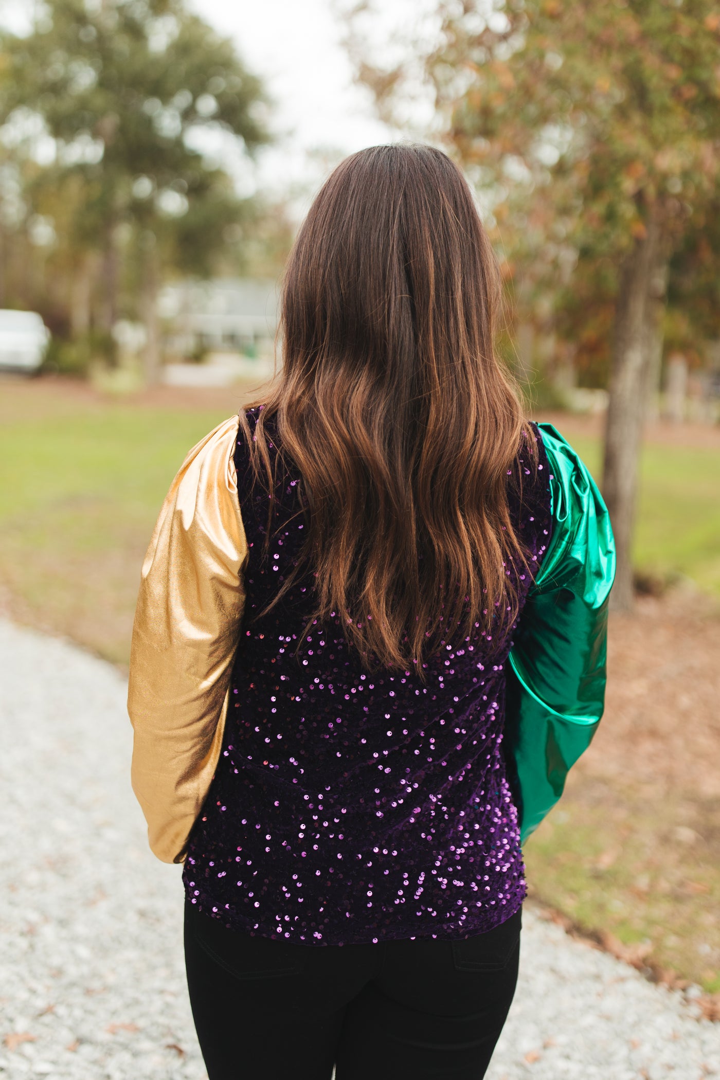 Purple Sequin Green and Gold Metallic Sleeve Blouse