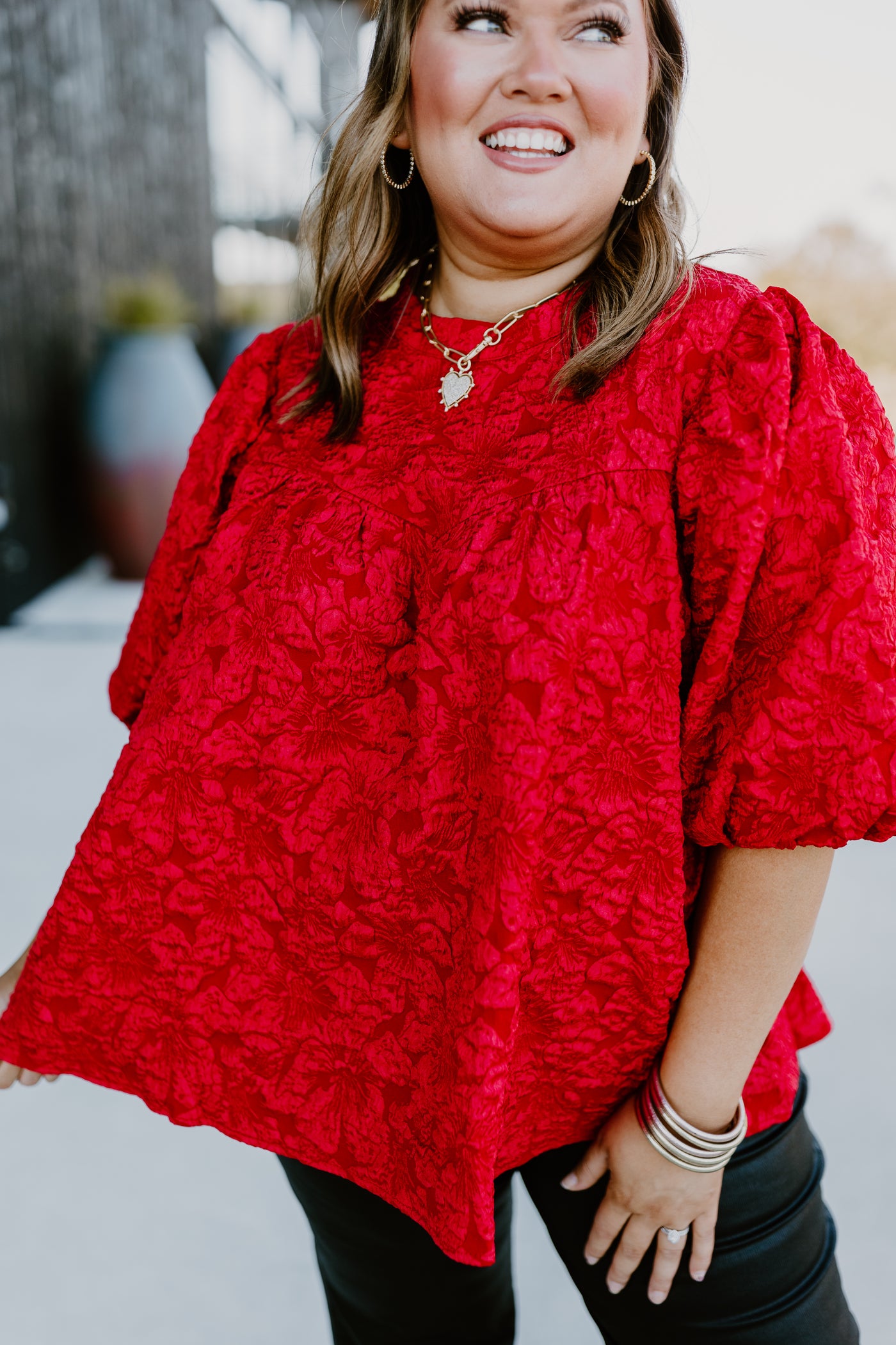 Red Floral Jacquard Puff Sleeve Blouse