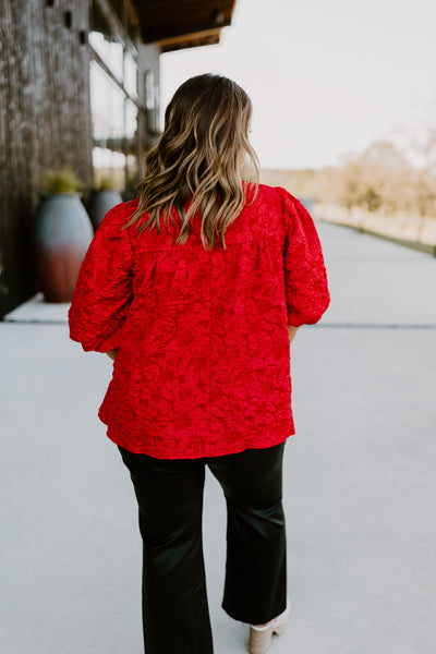 Red Floral Jacquard Puff Sleeve Blouse