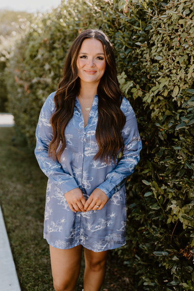 Navy Printed Button Down Collared Long Sleeve Dress