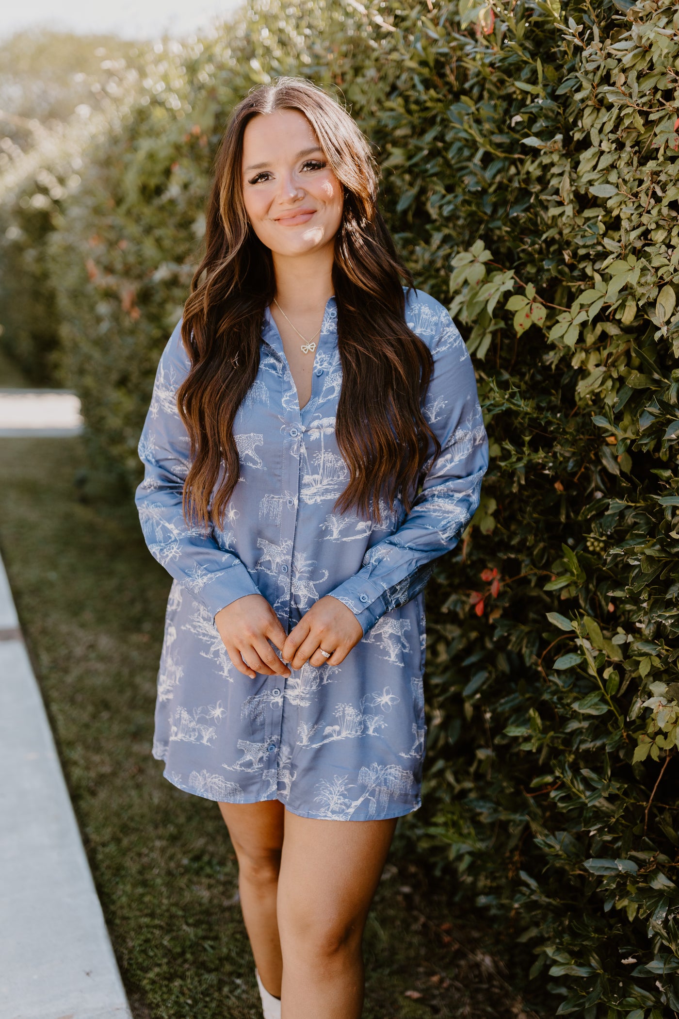 Navy Printed Button Down Collared Long Sleeve Dress