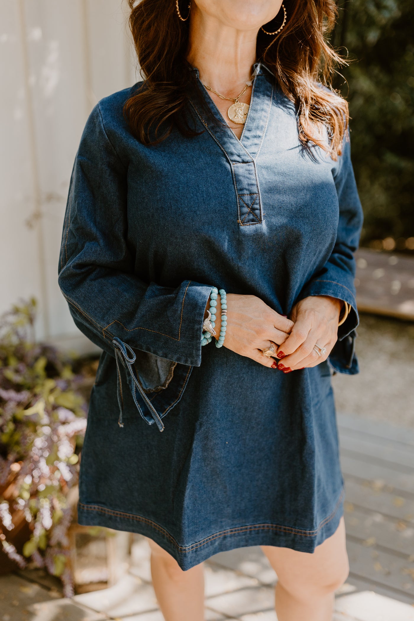 Dark Denim Collared V-Neck Long Sleeve Dress