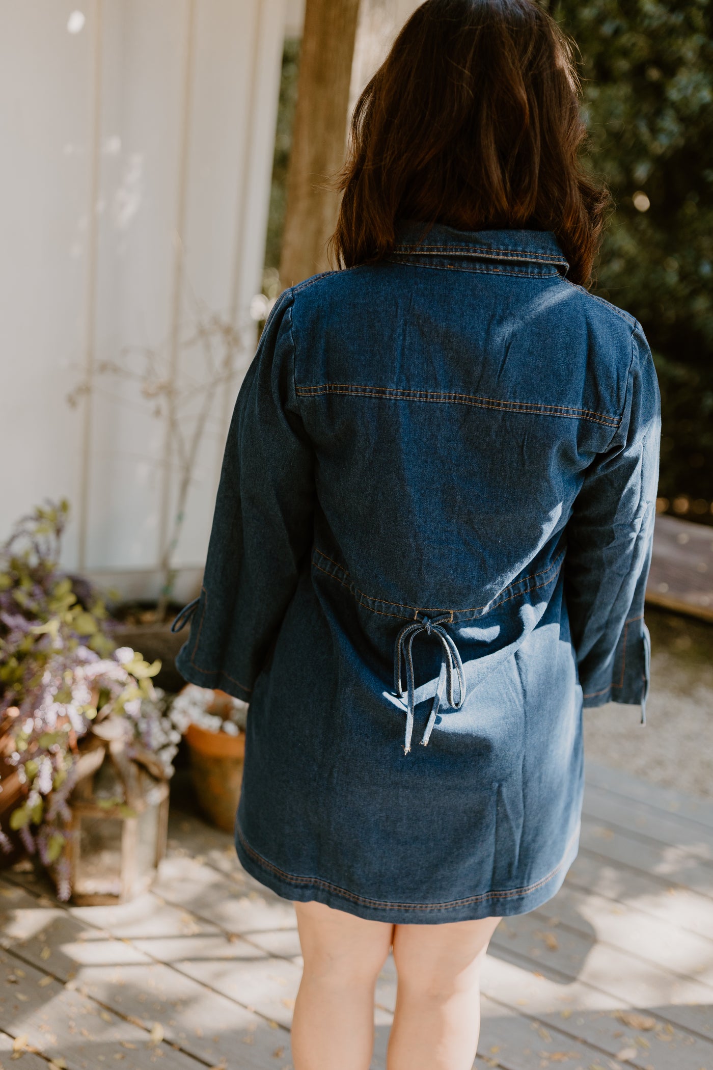 Dark Denim Collared V-Neck Long Sleeve Dress