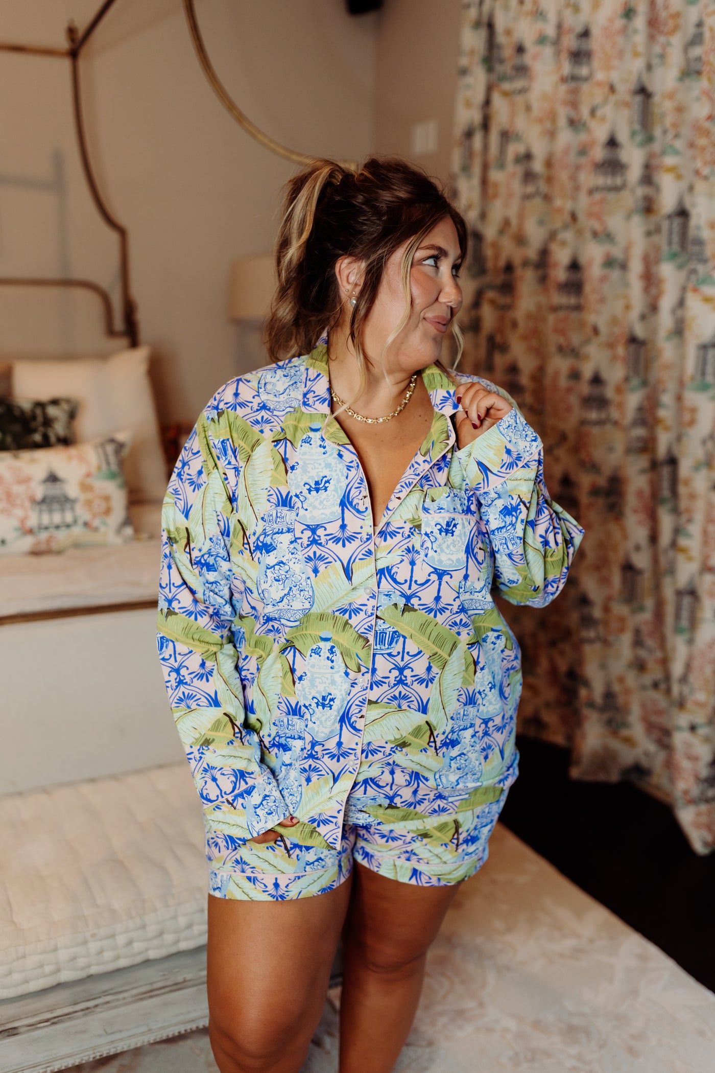 8 Oak Lane Botanical Ginger Jar PJ Set with Shorts & Long Sleeve Top