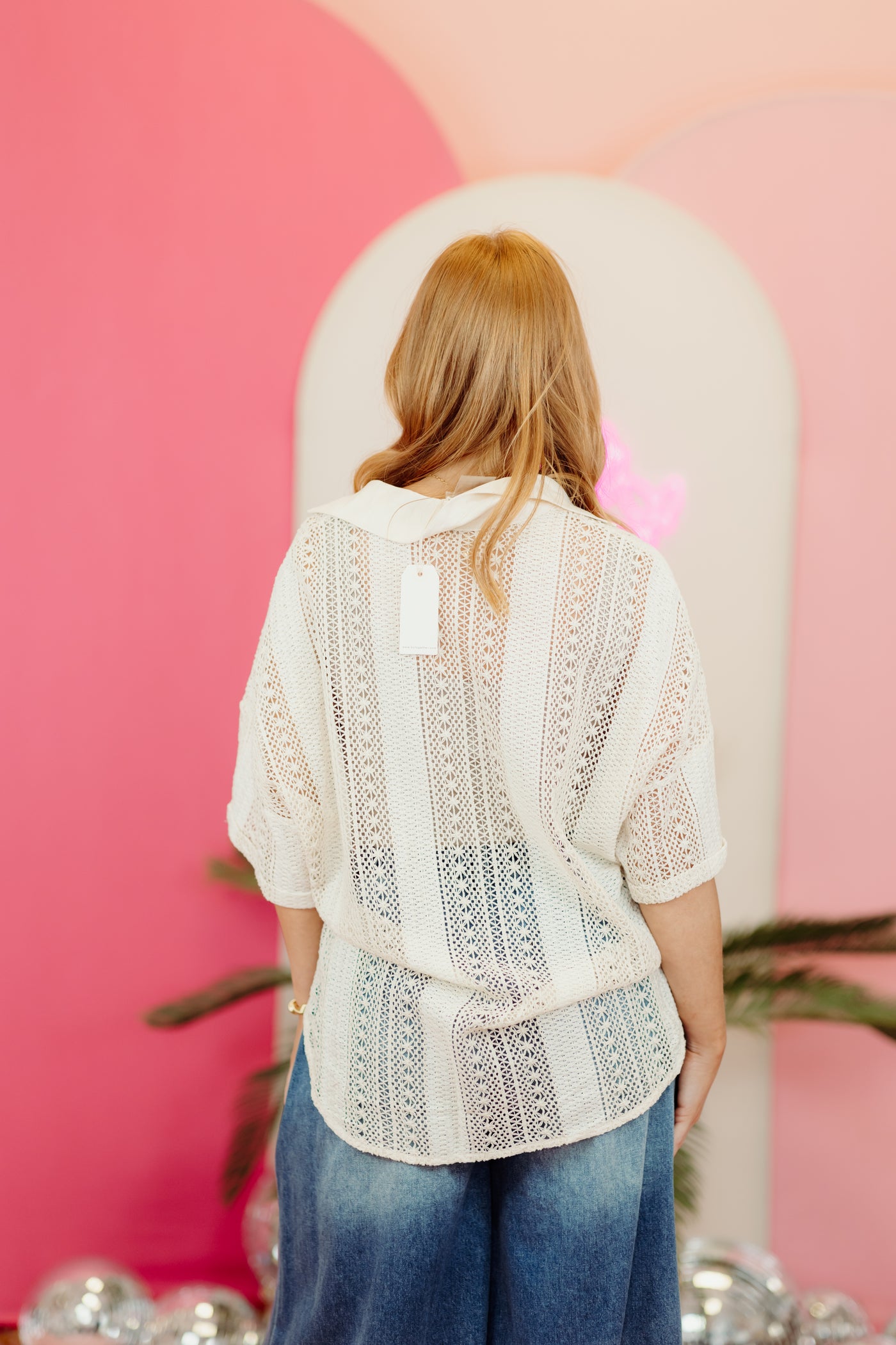 By Together Natural Woven Crochet Button Down Top