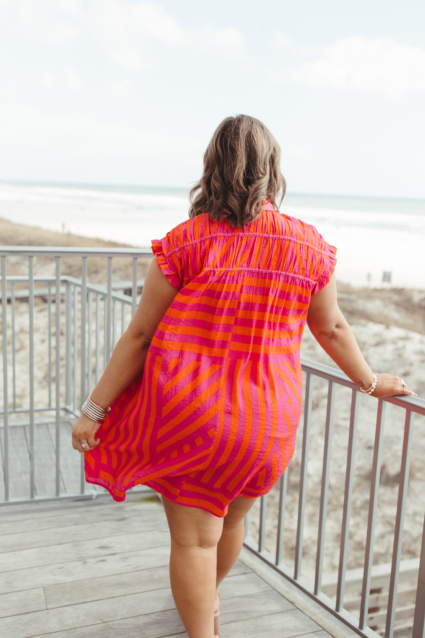 Pink and Orange Striped Flutter Sleeve Dress
