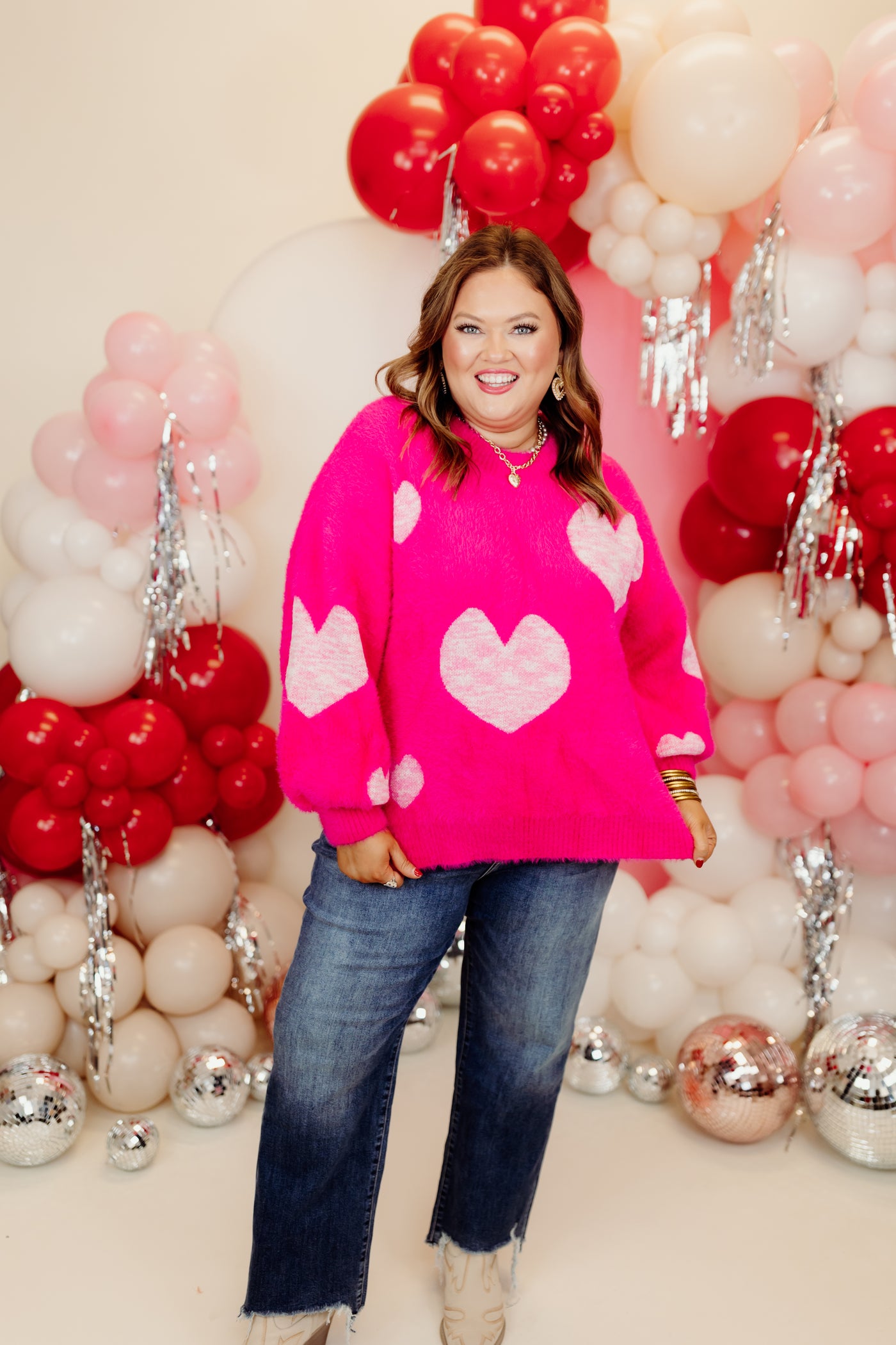 Fuchsia Heart Detail Bell Sleeve Sweater