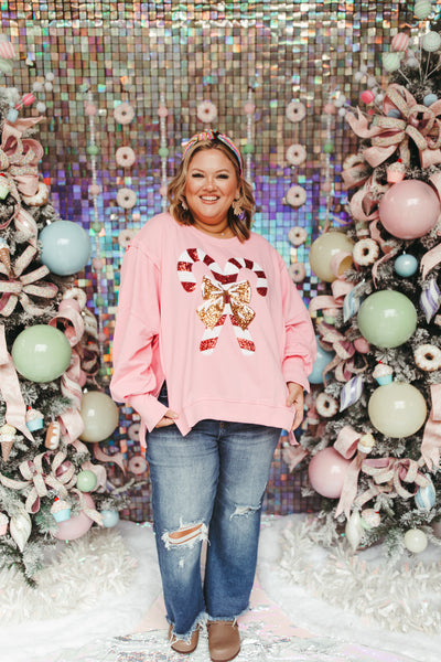 Pink Sequin Candy Cane French Terry Sweatshirt