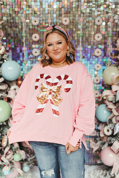 Pink Sequin Candy Cane French Terry Sweatshirt