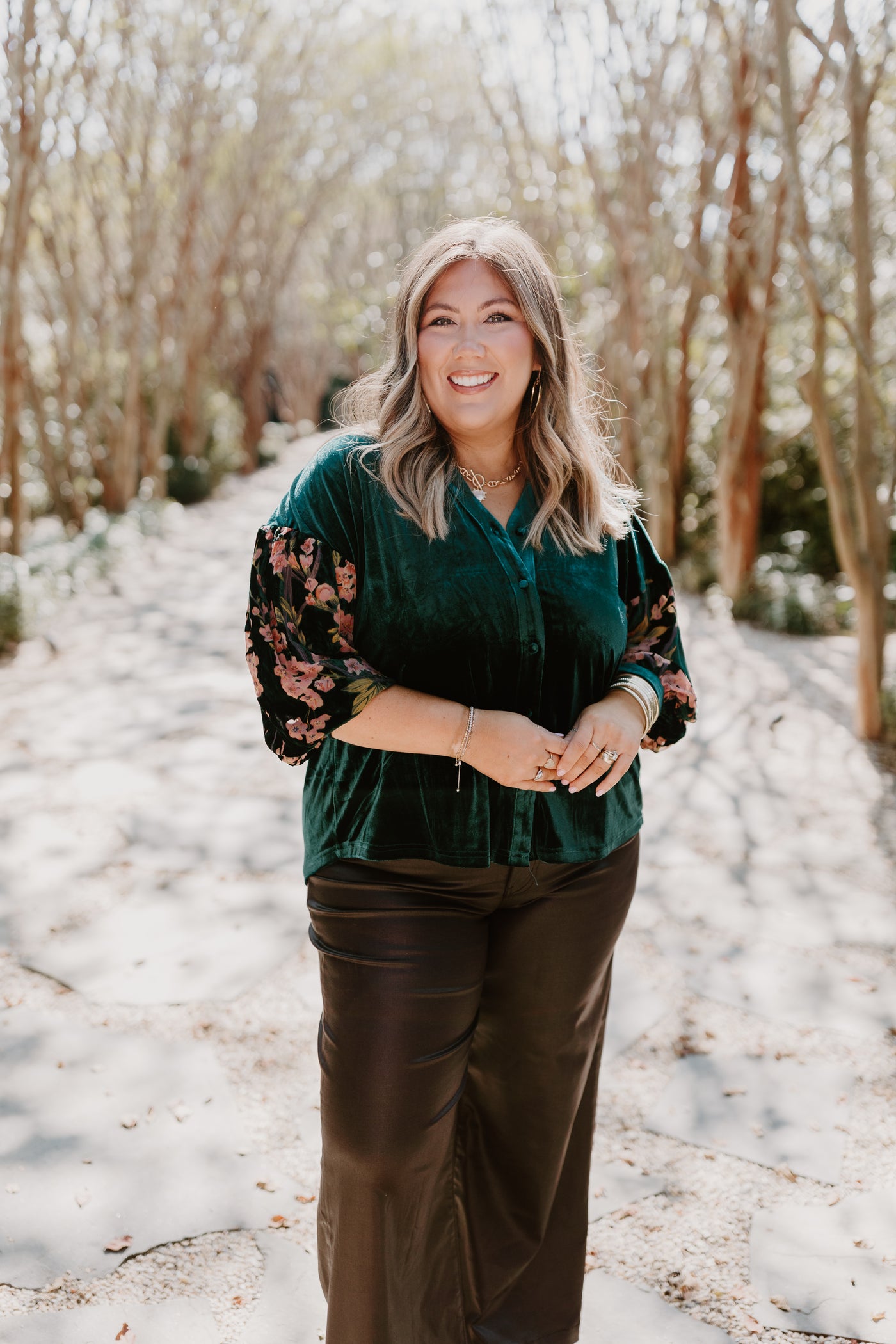 Hunter Green Floral Puff Sleeve Velvet Top