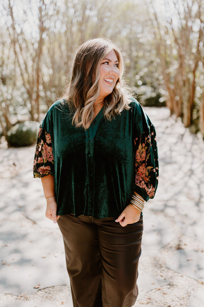 Hunter Green Floral Puff Sleeve Velvet Top