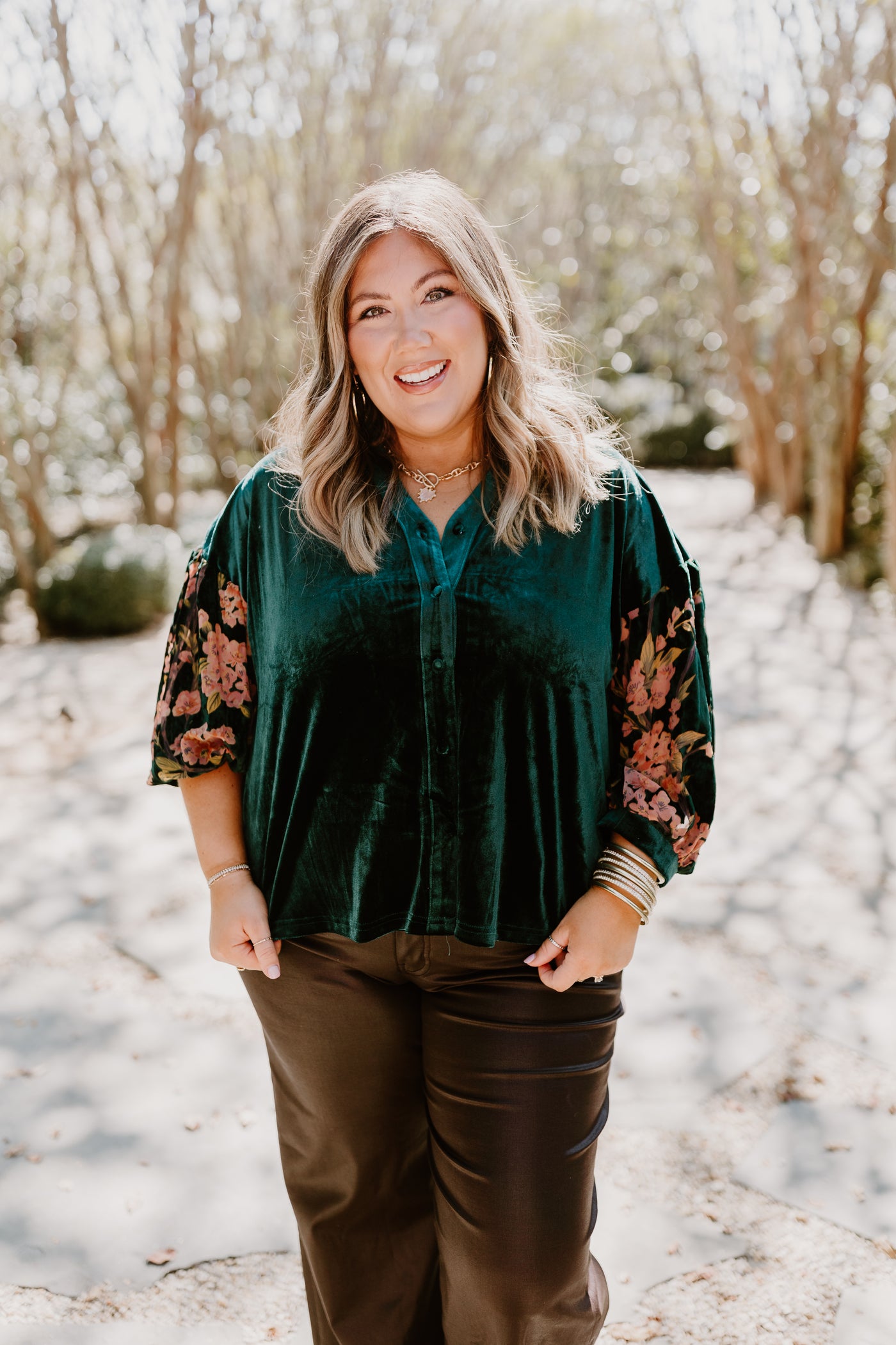 Hunter Green Floral Puff Sleeve Velvet Top